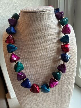 Vintage 80s 90s Lucite Resin Triangle Bead Statement Necklace Chunky Colorful
